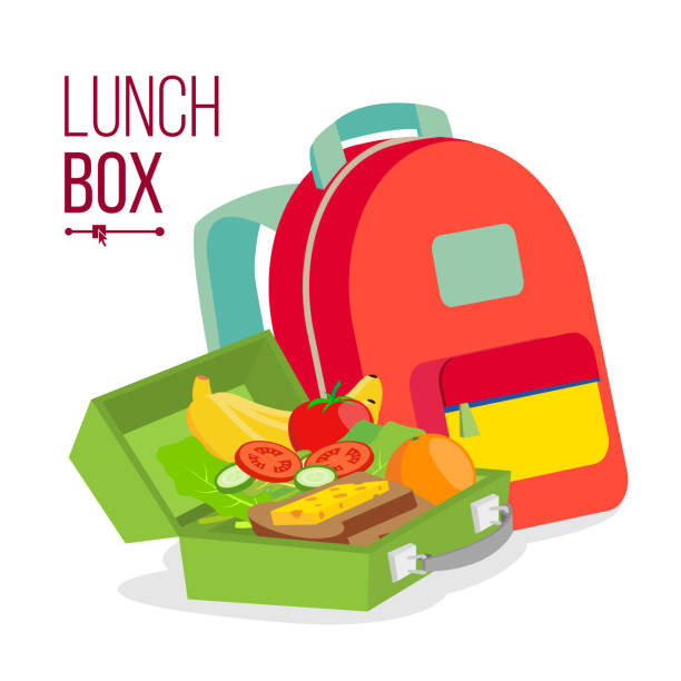 Lunch Box And Bag Vector. Healthy School Lunch Food For Kids, Student. Isolated Flat Cartoon Illustration Lunch Box And Bag Vector. Schoolbag With Healthy Food For Kids. Isolated Flat Cartoon Illustration lunch box stock illustrations