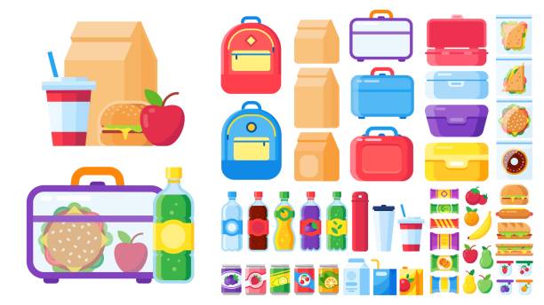 Lunch box constructor. Food for lunchbox isolated Lunch box constructor. Food for lunchbox isolated, pack snack for children, mea and vegetable. Vector illustration snack stock illustrations