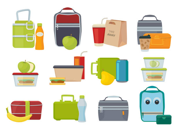 Lunch box. Fruits and vegetables for kids dinner lunch drinks and foods banana juice sandwich product packages vector Lunch box. Fruits and vegetables for kids dinner lunch drinks and foods banana juice sandwich product packages vector. Illustration rucksack with lunch, sandwich and drink lunch box stock illustrations
