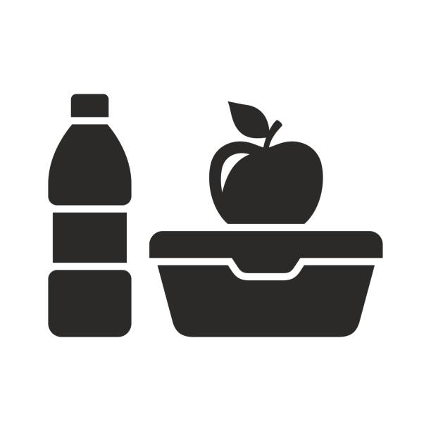 Lunch box icon. Lunch box with sandwich, bottle of water and fruit. Healthy eating. Vector icon isolated on white background. plastic container stock illustrations