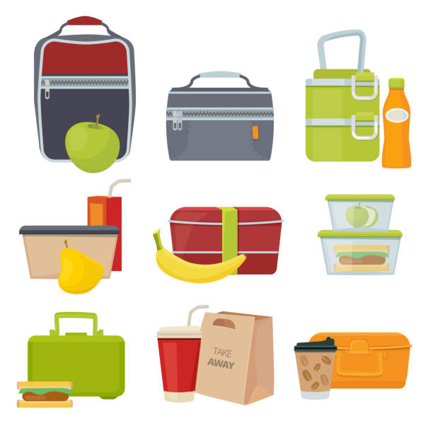 Lunch boxes. School healthy daily food packages bag with fruits salad sandwich snacks products for kids vector cartoon collection Lunch boxes. School healthy daily food packages bag with fruits salad sandwich snacks products for kids vector cartoon collection. Box with snack, rucksack and lunch sandwich illustration lunch box stock illustrations