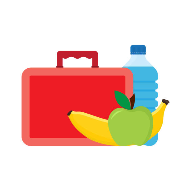 Lunch break or lunch time. Lunch box with school lunch Lunch break or lunch time. Lunch box with school lunch, apple, banana and water. vector illustration lunch box stock illustrations