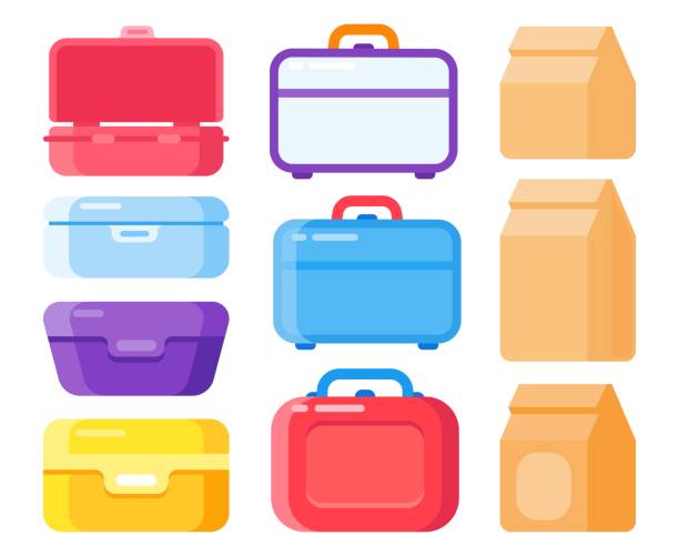 Lunch container set for take away food. Snacks packaging, Lunch meal in disposable bags or boxes. Lunch container set for take away food. Snacks packaging, Lunch meal in disposable bags. Colorful plastic lunchboxes and paper bags to carry homemade food isolated vector illustration lunch box stock illustrations