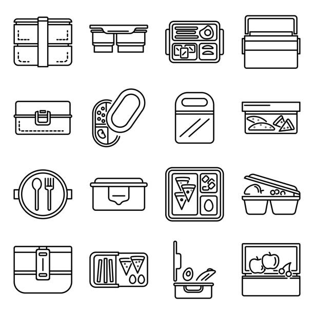 Lunchbox icons set, outline style Lunchbox icons set. Outline set of lunchbox vector icons for web design isolated on white background lunch box stock illustrations