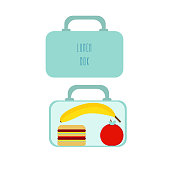 Lunchbox with school lunch apple, sandwich and banana. Vector illustration on white background.