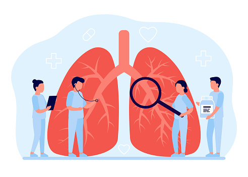 Lung diagnosis healthcare. Concept of lung disease, pulmonology, cancer, pneumonia, tuberculosis. Internal organ inspection check doctors. Respiratory system examination and treatment. Vector
