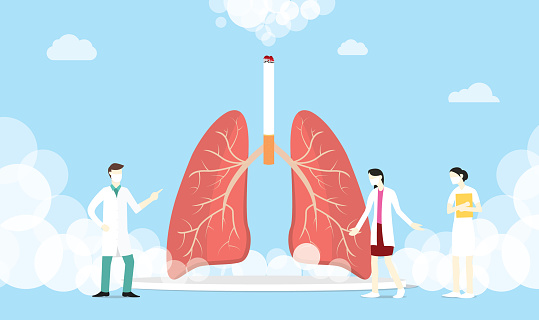 lungs smoke cigarette concept with smoke and team medic people - vector