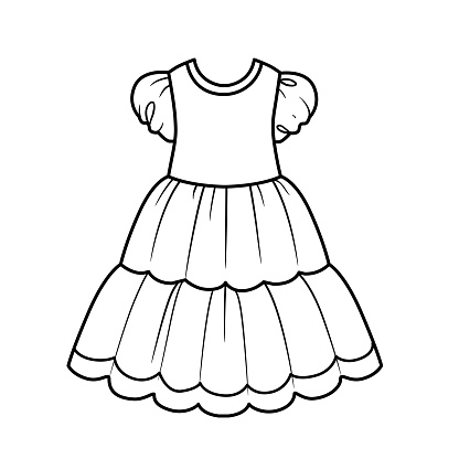 Lush summer dress with a two-tiered skirt outline for coloring on a white background