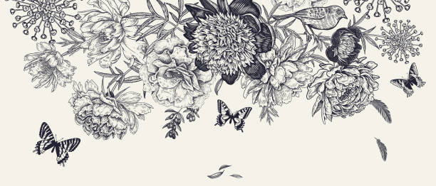 고급스러운 장식. 호화로운 피는 모란, 나비와 새의 화환. - 복고풍 일러스트 stock illustrations
