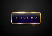 Luxury blue label with golden frame sparks on black geometric pattern background. Dark premium template. Vector illustration