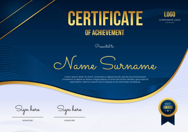 Luxury certificate achievement template on dark blue, white and gold color background, wavy style with badge design vector art illustration