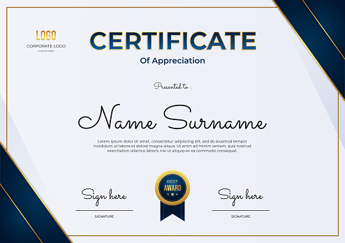 Luxury certificate award template on dark blue, white and gold color background, multipurpose certificate border with badge design