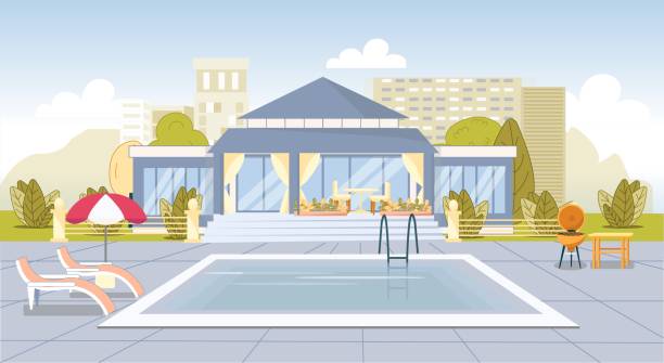 Luxury Cottage House Backyard with Swimming Pool Luxury Cottage House Backyard with Swimming Pool. Modern Architecture. Place for Summer Rest. Comfortable Contemporary Vacation Villa with Glass Entrance Window Graphic Design. Vector Illustration standing water stock illustrations
