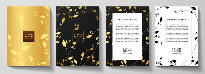 Luxury cover, frame design set with golden leaf (branch) pattern on gold and black background
