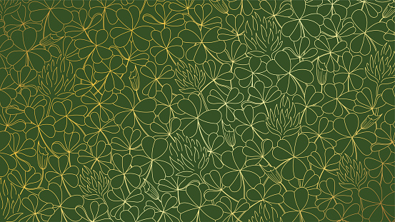 Luxury elegant line art background golden clover leaves and flowers on olive green
