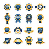 Luxury gold badges quality labels premium set. Collection medal emblem badges differents shape with ribbons, crowns, stars vector isolated illustration