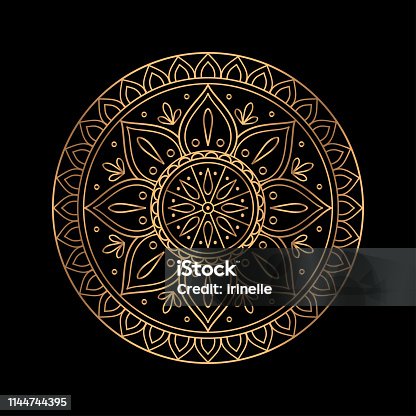 istock Luxury gold black mandala vector. Ethnic royal pattern snowflake. Golden sun design 1144744395