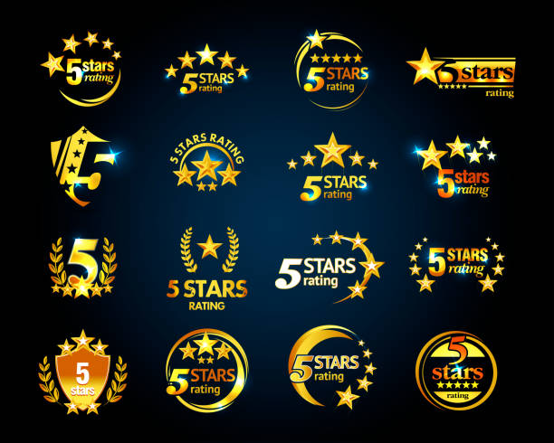 Luxury Golden Five stars logo template set on black background. 5 star rating emblems set. Isolated Vector illustration. luxury hotel stock illustrations