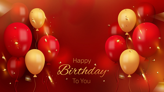 Luxury happy birthday card background with elements balloons and ribbon with glitter light effects.