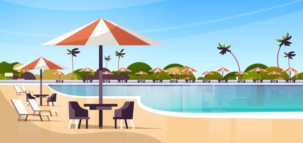luxury hotel swimming pool resort with umbrellas desks and chairs restaurant furniture around summer vacation concept beautiful landscape horizontal luxury hotel swimming pool resort with umbrellas desks and chairs restaurant furniture around summer vacation concept beautiful landscape horizontal vector illustration standing water stock illustrations