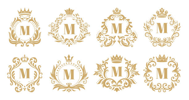 stockillustraties, clipart, cartoons en iconen met luxe monogram. vintage crown logo, gouden sier monogrammen en heraldische krans ornament vector set - koningschap