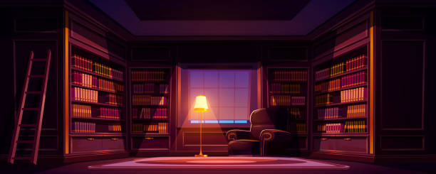 夜の豪華な古い図書館のインテリア、空の部屋 - 木製　椅子点のイラスト素材／クリップアート素材／マンガ素材／アイコン素材