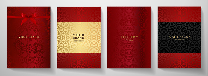 Luxury red curve pattern cover design set. Elegant floral ornament on maroon background