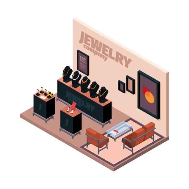 stockillustraties, clipart, cartoons en iconen met luxury stores. jewelry shop with glass transparent shelves for glamour treasures colored gem golden rings and platinum bracelets garish vector isometric interior - diamant ring display