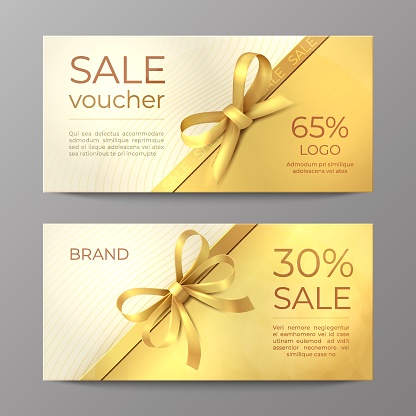 Luxury voucher card. Golden ribbon certificate, elegant celebration coupon, discount promotion flyer. Realistic vector mockup