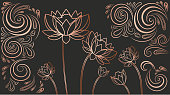 Luxury wallpaper with flowers. Bronze abstract image painted on dark background. Linear design for printing on fabric. Unusual patterns for website. 3d vector illustration isolated on black backdrop