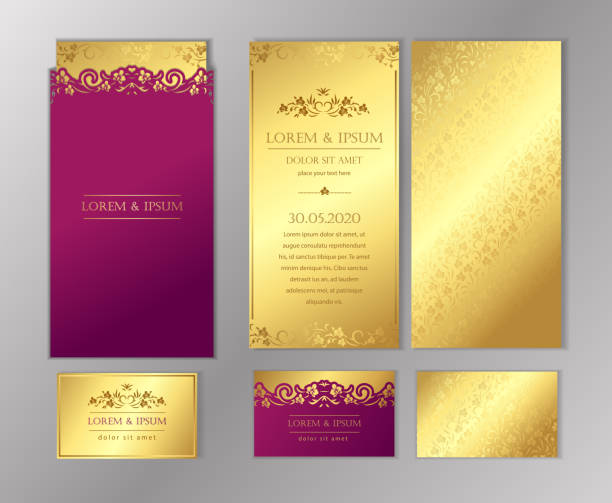 Luxury wedding invitation cards with gold texture. Set of vector design templates. Luxury wedding invitation cards with gold texture. Set of vector design templates. anniversary drawings stock illustrations