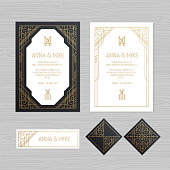 Luxury wedding invitation or greeting card with geometric ornament. Art Deco style. Paper lace envelope template. Wedding invitation envelope mock-up for laser cutting. Vector illustration.
