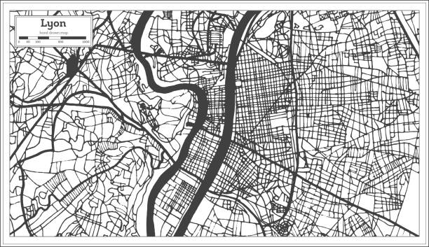 lyon francja miasto mapa w stylu retro. mapa konspektu. - lyon stock illustrations
