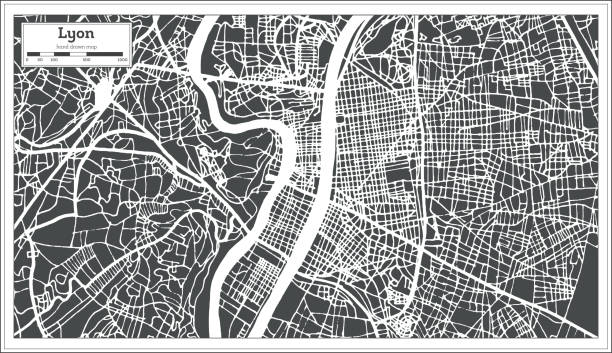 lyon francja miasto mapa w stylu retro. mapa konspektu. - lyon stock illustrations