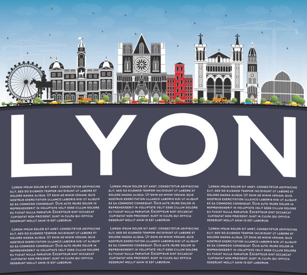 lyon france city skyline z kolorowymi budynkami, błękitnym niebem i kopiuj przestrzeń. - lyon stock illustrations