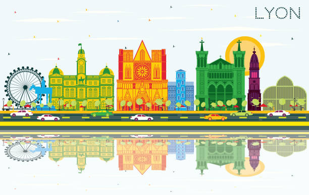 색상 건물, 푸른 하늘과 반사와 리옹 프랑스 도시 스카이 라인. - lyon stock illustrations