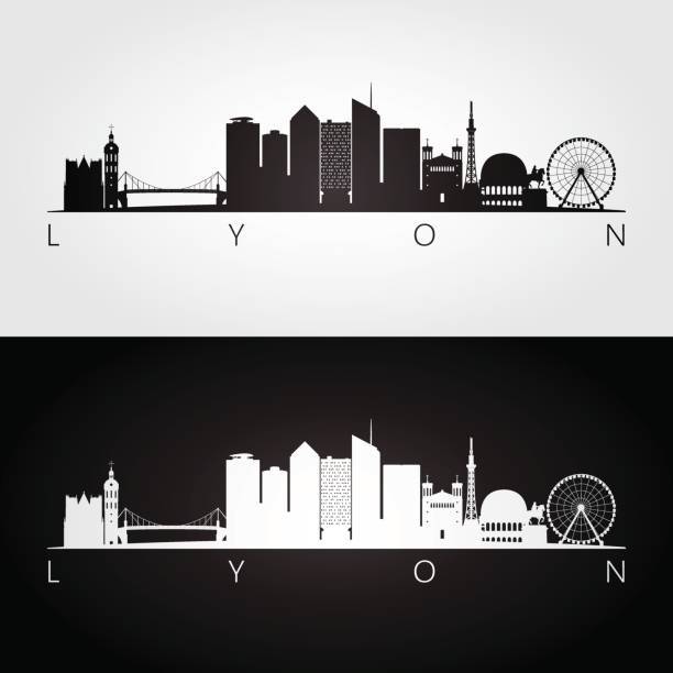 里昂的天際線和地標黑色和白色的輪廓設計，向量圖。 - lyon 幅插畫檔、美工圖案、卡通及圖標