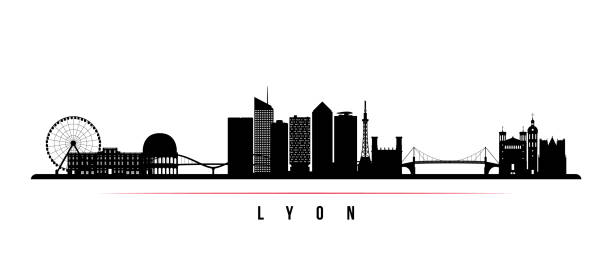 lyon skyline poziomy baner. czarno-biała sylwetka lyonu we francji. szablon wektorowy dla twojego projektu. - lyon stock illustrations