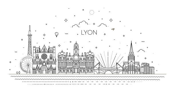 흰색 배경의 파노라마 리옹 스카이 라인 - lyon stock illustrations