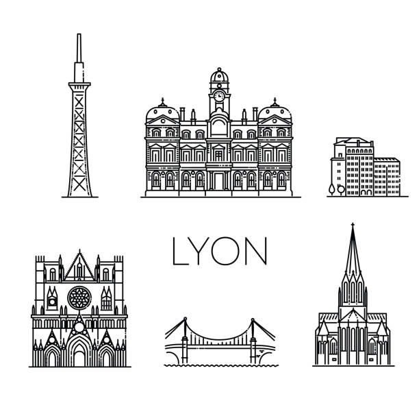 lyon skyline with panorama in white background - lyon stock illustrations
