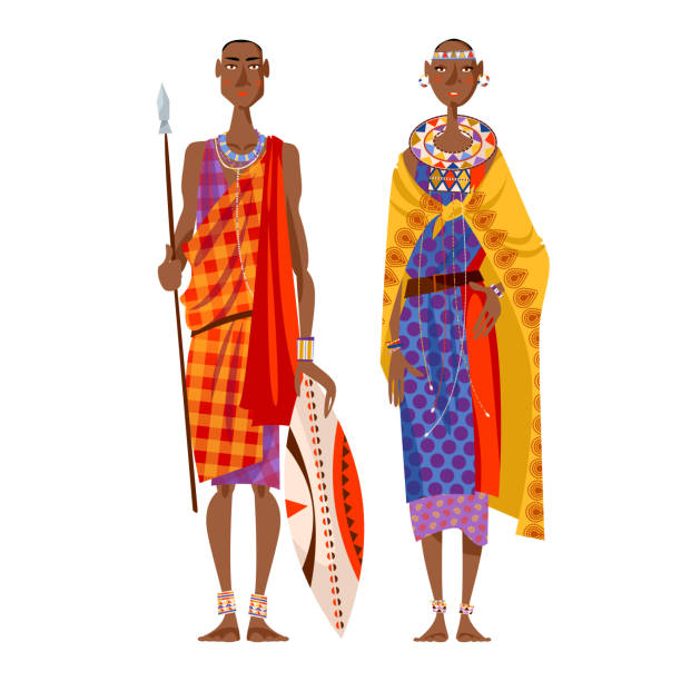 Maasai couple (warrior and girl) in traditional clothing. Africa, Kenya. Maasai couple (warrior and girl) in traditional clothing. Africa, Kenya. Vector illustration maasai warrior stock illustrations