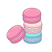 Stacked Macaron cookies: pink, blue and white. Traditional French sweet treat drawing. Cute hand drawn vector illustration.