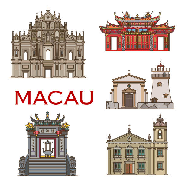 Macau landmark buildings, temples architecture Macau temples and religious historic architecture, famous landmark buildings. Macau vector icons of St Paul cathedral and Saint Antonio church, A-ma temple gates and Guia fortress lighthouse macao stock illustrations