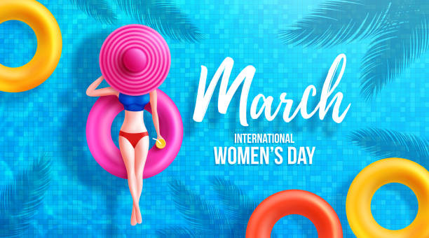 8 Mach Women's Day Poster or banner by symbol of 8 from women on round pool floats and big hat in the swimming pool.Promotion and shopping template for Women's Day and summer concept.Vector illustration EPS10 8 Mach Women's Day Poster or banner by symbol of 8 from women on round pool floats and big hat in the swimming pool.Promotion and shopping template for Women's Day and summer concept. mother borders stock illustrations