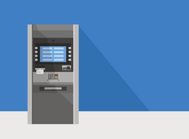 ATM machine in bank or office vector concept. ATM machine in bank or office banks and atms stock illustrations