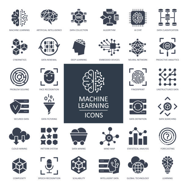 ilustraciones, imágenes clip art, dibujos animados e iconos de stock de iconos de glifos de machine learning - vector - brain icon