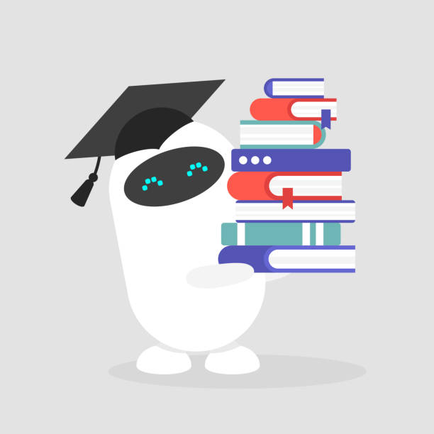 Machine learning. Graduated cute robot wearing a cap and holding a pile of books/ flat editable vector illustration, clip art Machine learning. Graduated cute robot wearing a cap and holding a pile of books/ flat editable vector illustration, clip art robot clipart stock illustrations