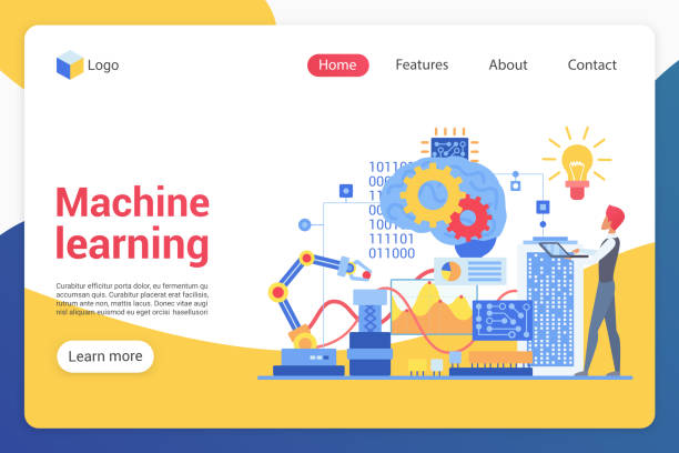 Machine learning landing page vector template Machine learning landing page vector template. AI training website interface idea with flat illustrations. Computer science homepage layout. Engineering web banner, webpage cartoon concept machine learning stock illustrations