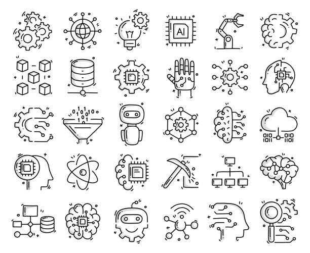Machine Learning Related Objects and Elements. Hand Drawn Vector Doodle Illustration Collection. Hand Drawn Icons Set. Machine Learning Related Objects and Elements. Hand Drawn Vector Doodle Illustration Collection. Hand Drawn Icons Set. robot drawings stock illustrations