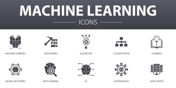uczenie maszynowe proste ikony koncepcji zestaw. zawiera takie ikony jak wyszukiwanie danych, algorytm, klasyfikacja, sztuczna inteligencja i inne, mogą być używane do sieci web, logo, interfejsu użytkownika / ux - machine learning stock illustrations